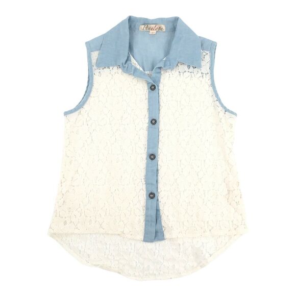 Penelope Lace Front Sleeveless Chambray Button Front Blouse Small Blue White Top - Picture 1 of 6